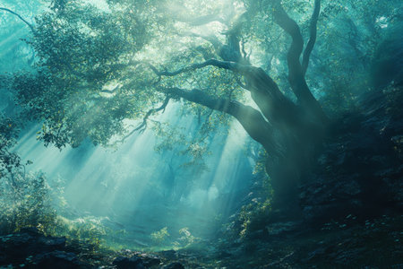 A serene scene of sunlight filtering through a foggy forest canopy, creating a mystical and magical atmosphere.の素材