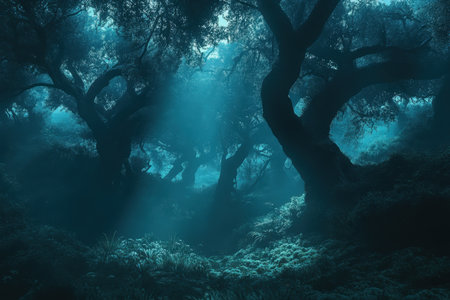 A low-angle view of silhouetted trees in a foggy, blue-tinted forest at dusk, with a beam of light illuminating the misty scene.の素材