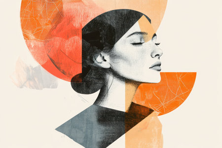 An abstract portrait of a woman with geometric shapes and orange tones.の素材