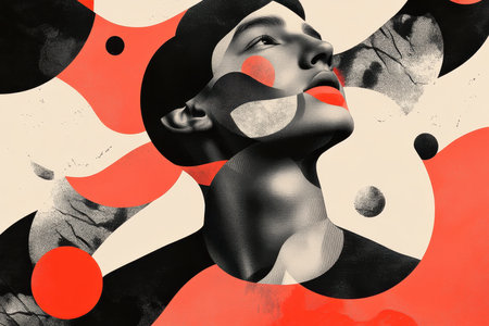 A stylized portrait of a person&#39;s face with an abstract background of red and black shapes.の素材