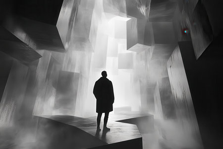 A single man in silhouette stands on a platform within a foggy, geometric space.の素材