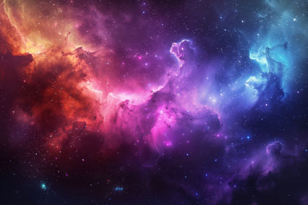 A vibrant cosmic nebula with swirls of pink, blue, and orange, scattered with twinkling stars against a dark background.の素材