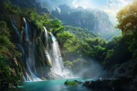A breathtaking view of a waterfall cascading down a rocky cliff face, surrounded by lush green mountains and a tranquil stream.の素材