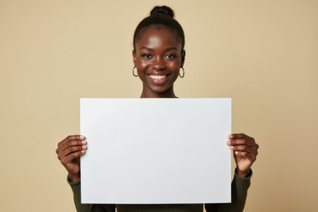 A woman with dark skin and a bun is smiling and holding a blank white sign.の素材