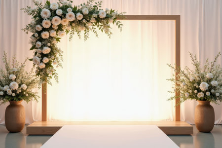 A wedding arch made of wood and decorated with white roses and greenery, creating a romantic and elegant backdrop for the ceremony.の素材