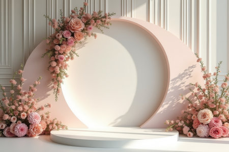 A circular white stage decorated with pink flowers in a minimalist setting with a white wall and light.の素材