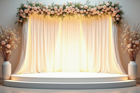 A minimalist wedding stage decorated with white curtains, a floral garland, and soft lighting.の素材