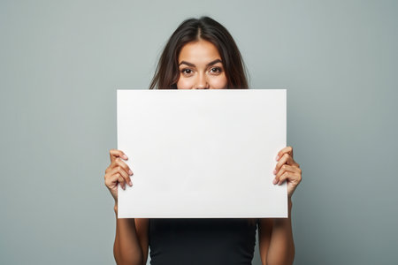 A woman holding a blank white paper in front of her face, ready for a message or design.の素材
