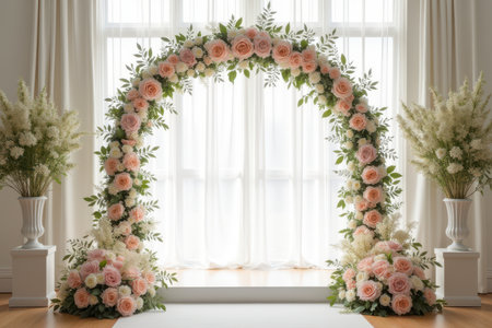 A floral archway with pink roses and greenery in a window, creating a romantic and elegant backdrop for a wedding ceremony.の素材