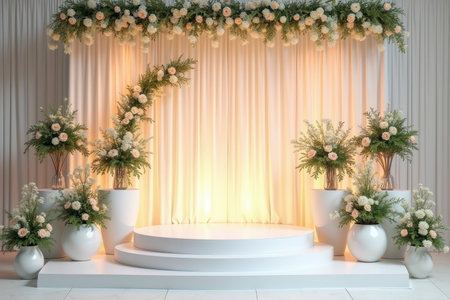 A white stage decorated with floral arrangements, featuring a circular platform and a curtain backdrop.の素材