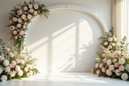 A white archway decorated with pink roses and greenery is illuminated by sunlight, casting shadows on a white wall and a white table.の素材
