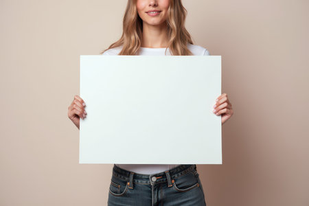 A woman in casual clothing holds a blank white sign in front of her, the sign provides space for text.の素材
