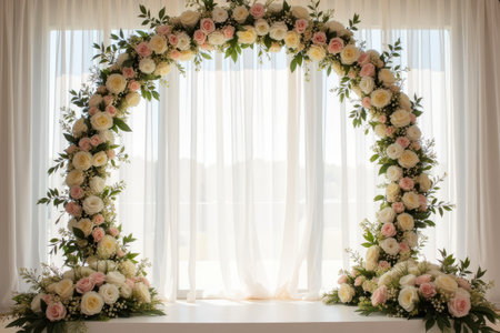 An archway created from pink and white roses in front of a sheer curtain window with a white windowsill.の素材