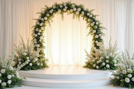 A wedding ceremony setup with a white flower archway and a circular platform with two steps, all against a backdrop of sheer white curtains.の素材