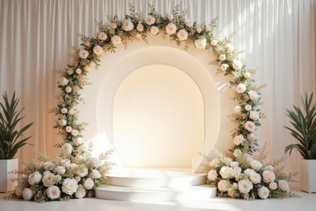 A white floral archway with a curved white platform, decorated with white roses and greenery, set against a backdrop of white curtains.の素材