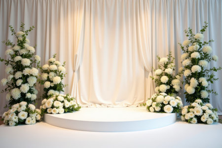 A minimalist wedding ceremony setup with white flowers and a circular stage in front of a backdrop of draped white curtains.の素材