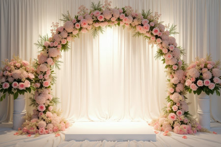A white backdrop with a floral archway and platform, designed for a wedding ceremony.の素材