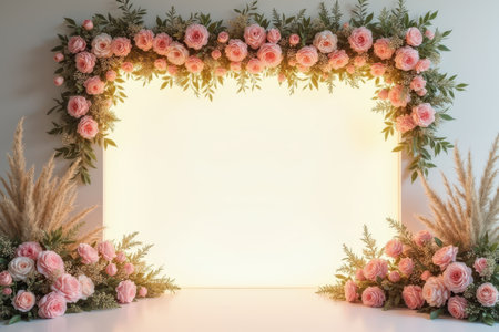 A floral archway made of pink roses and greenery, framing a white background with pampas grass on each side.の素材