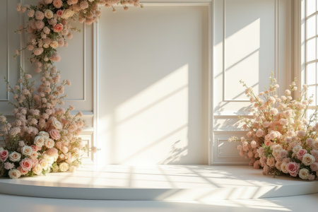 A white platform with floral decorations on either side, bathed in soft sunlight, creating a minimalist and elegant backdrop for product displays.の素材
