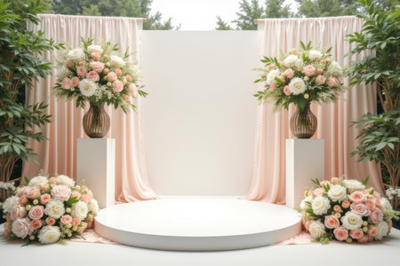 A white circular platform surrounded by floral decorations and peach curtains, creating a minimalist and elegant backdrop.の素材