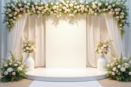 A minimalist wedding ceremony backdrop with a white floral archway, an empty stage, and white vases filled with pink and white flowers.の素材