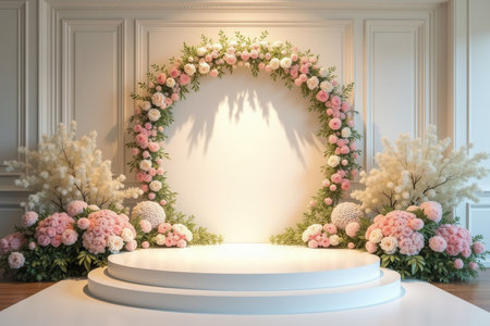 A white circular platform with a floral arch and flower arrangements, creating a beautiful and elegant backdrop for an event or product display.の素材
