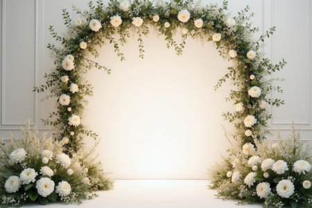 A white flower archway decorated with white roses and greenery, creating a romantic and elegant backdrop for a wedding ceremony.の素材