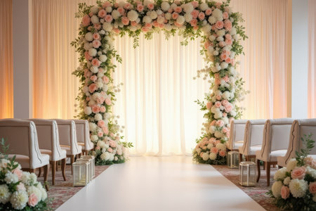 A wedding ceremony setup with a floral archway, white chairs, and lanterns.の素材