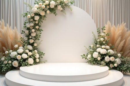 A white circular platform adorned with white roses and pampas grass, set against a backdrop of white curtains.の素材