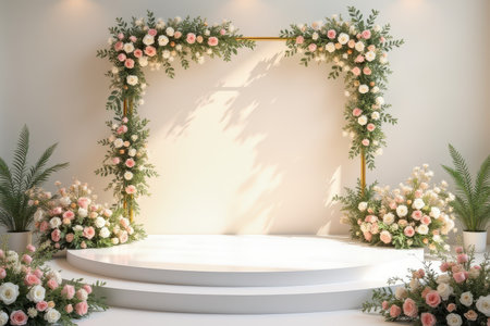 A white circular stage with two tiers is decorated with pink and white roses, greenery, and a golden arch frame against a white wall background.の素材