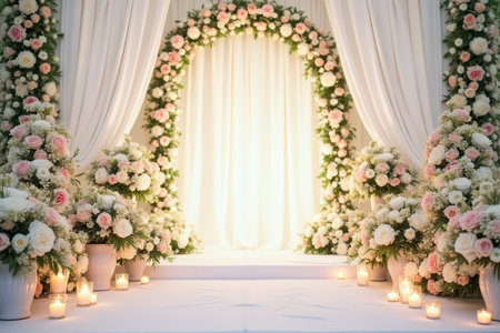 A wedding ceremony setup featuring a floral archway with candles, white drapes, and  floral arrangements.の素材