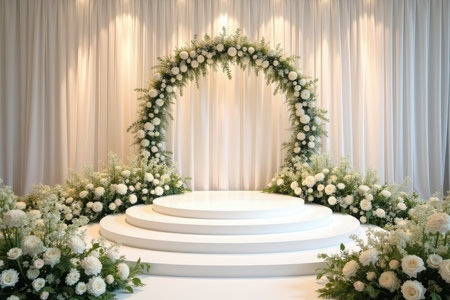 A white floral arch with a round stage decorated with white flowers and greenery, set against a white curtain backdrop.の素材