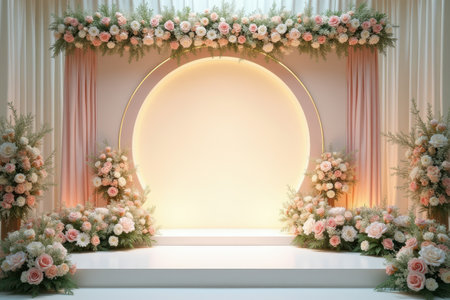 A wedding ceremony arch adorned with pink and white flowers, a white platform, and pink curtains.の素材