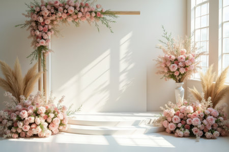 A wedding arch adorned with pink roses and pampas grass, featuring a white platform and a natural light background.の素材