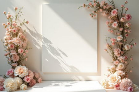 A simple, minimalist composition featuring a white background, pink floral arrangements, and soft, natural light casting shadows.の素材