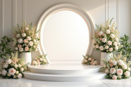 A minimalist white backdrop with a circular pedestal and archway adorned with white roses and greenery, creating an elegant and romantic setting.の素材