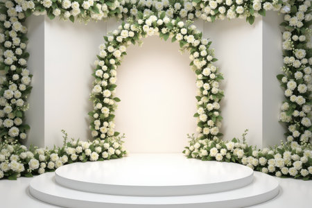 A white circular platform surrounded by white rose garlands and a floral archway, perfect for displaying products or showcasing a design.の素材