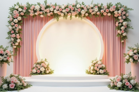 A white stage decorated with pink and white flowers and a circular arch, with pink drapes in the background.の素材