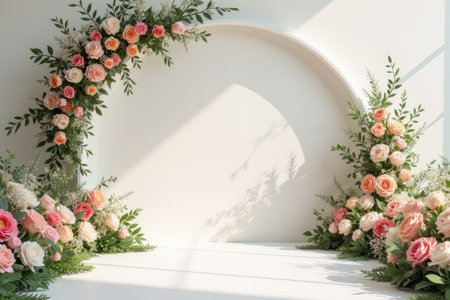 A white background with a half-circle arch adorned with pink roses and green leaves, casting soft shadows.の素材