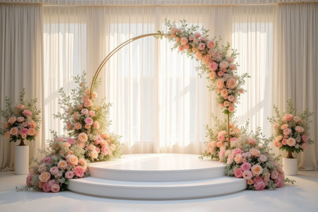 A wedding ceremony stage decorated with pink roses and greenery against a backdrop of white curtains and a golden arch.の素材