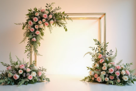 A beautiful floral arrangement featuring pink and white roses with greenery, displayed around a golden frame against a white wall.の素材