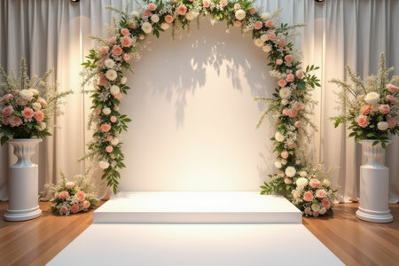A white wedding arch decorated with pink and white flowers, with a platform in front and two white columns on either side.の素材