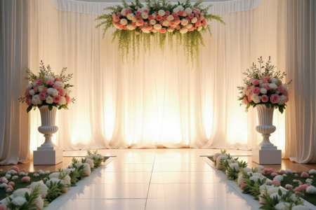 A white floral wedding ceremony setup with white drapes, a flower arch, and a white aisle lined with flowers.の素材