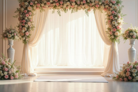 A floral wedding arch with white curtains, vases, and roses for a romantic ceremony.の素材