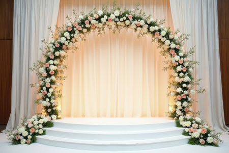 A floral archway created with pink and white roses and greenery, set against white drapes, and a three-tiered white platform.の素材