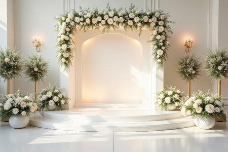 A minimalist white wedding ceremony setup with a floral archway, a round stage, and candlelight.の素材
