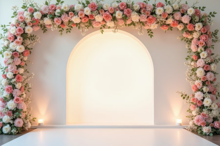 A white archway decorated with pink and white roses and candles, creating a romantic and elegant backdrop for a wedding ceremony or other event.の素材