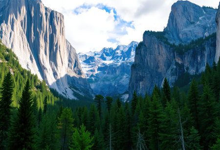 A breathtaking landscape featuring towering mountain peaks, a snow-capped glacier, and a dense, verdant forest.の素材