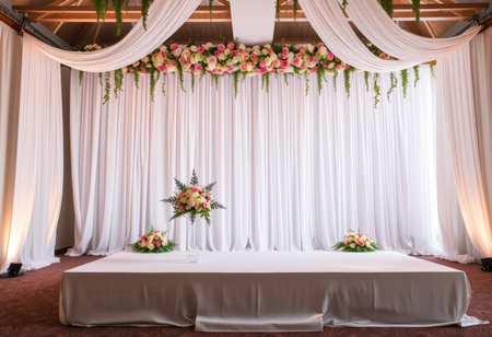 A white draped stage decorated with pink roses and greenery, set up for a wedding ceremony.の素材