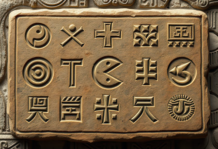 An ancient stone tablet features intricate carvings of geometric and symbolic designs.の素材
